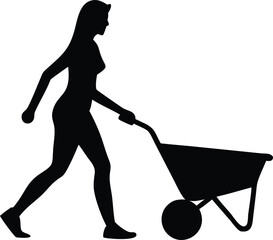 a woman is walking with a wheelbarrow silhouette