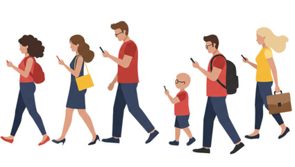 Obraz premium A group of ordinary people of mixed ages walk by looking at phones, Vector 