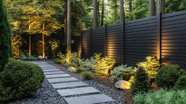 Modern aluminum fence with horizontal slats sits atop a grey concrete block base. Paired with a dense green hedge, it enhances privacy and style in a sleek, contemporary garden or outdoor design.

