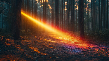 Fototapeta premium A single beam of light refracts through a prism, dispersing into a vivid spectrum. This symbolizes creative insight, clarity from chaos, and the beauty of diverse ideas converging into brilliance. 