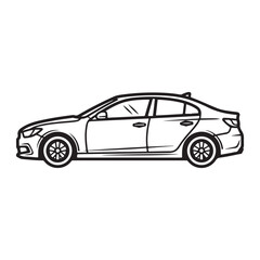 simple black and white line drawing of a sedan-style car. The car appears to have a generic, four-door sedan shape with basic details like wheels, windows, and a front grille. The drawing has a minima