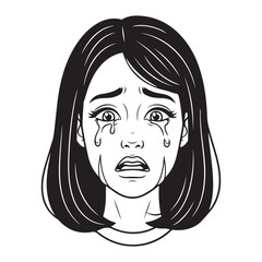 simple black and white illustration of a crying female face. The face has exaggerated features, with large, tear-filled eyes and an open, anguished mouth. The overall expression conveys a strong sense