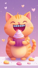 Full-body chubby cat with cupcakes and braces, happy atmosphere and pastel purple background. generative ai