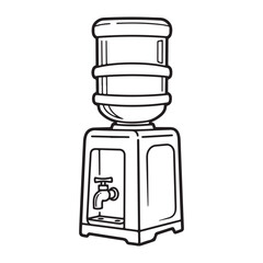 simple line drawing of a water dispenser or cooler. The dispenser has a rectangular base with a spigot or tap on the front, and a cylindrical water bottle or container on top. 