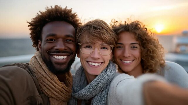 Friends enjoying sunset selfi with fries in hand