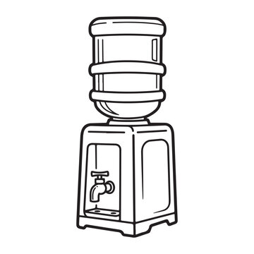 simple line drawing of a water dispenser or cooler. The dispenser has a rectangular base with a spigot or tap on the front, and a cylindrical water bottle or container on top. 