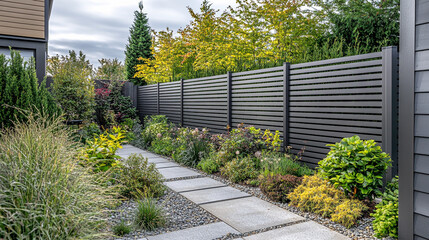 Obraz premium Modern aluminum fence with horizontal slats sits atop a grey concrete block base. Paired with a dense green hedge, it enhances privacy and style in a sleek, contemporary garden or outdoor design.