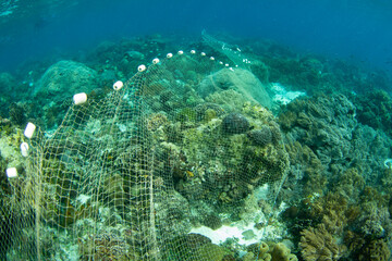 A long fishing net is draped over a coral reef in the Pantar Strait, near the island of Alor,...