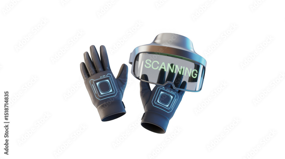 Poster futuristic smart glasses displaying scanning are positioned above technologically advanced gloves, a