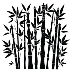 Set of bamboo silhouette on white background. Black bamboo stems, branches and leaves
