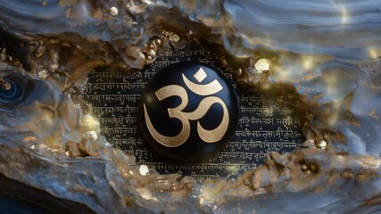 Layers of ancient Sanskrit script with Om symbol in gold, illustrating spiritual heritage, sacred texts, meditation, Hindu culture, mystical symbolism and ancient wisdom