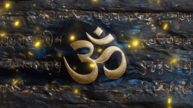 Layers of Ancient Sanskrit Script with Om Highlighted in Gold