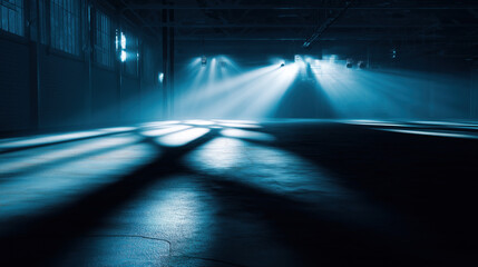 Mysterious industrial space illuminated by beams of light highlighting shadows on the floor