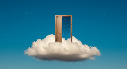 Dreamy cloud door to stars surreal sky concept open door to heaven imagination and fantasy world art dreamy wallpaper