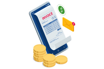 Isometric Modern vector illustration for e-billing, accounting, and online finance management. Smartphone with e-invoice, dollar sign, and coin stacks for modern online payment and business accounting