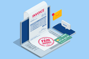 Isometric Mobile invoice payment concept. Isometric vector illustration of electronic bill, smartphone, currency icons, and notification envelope for digital finance and banking.