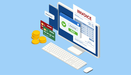 Isometric Mobile invoice payment concept. Isometric vector illustration of electronic bill, smartphone, currency icons, and notification envelope for digital finance and banking.