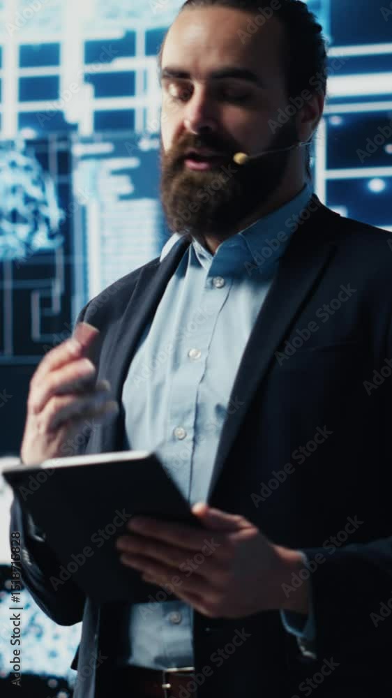 Poster vertical video entrepreneur presenter hosting live conference to highlight ai usage in business grow