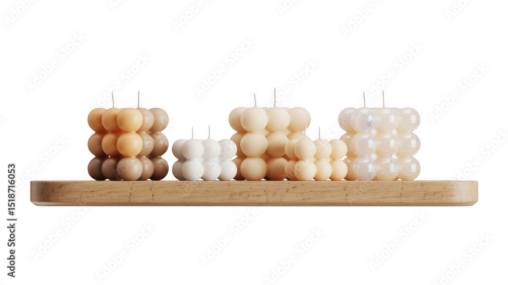 Poster five bubble candles in various colors and sizes arranged on a wooden shelf create a calming, stylish