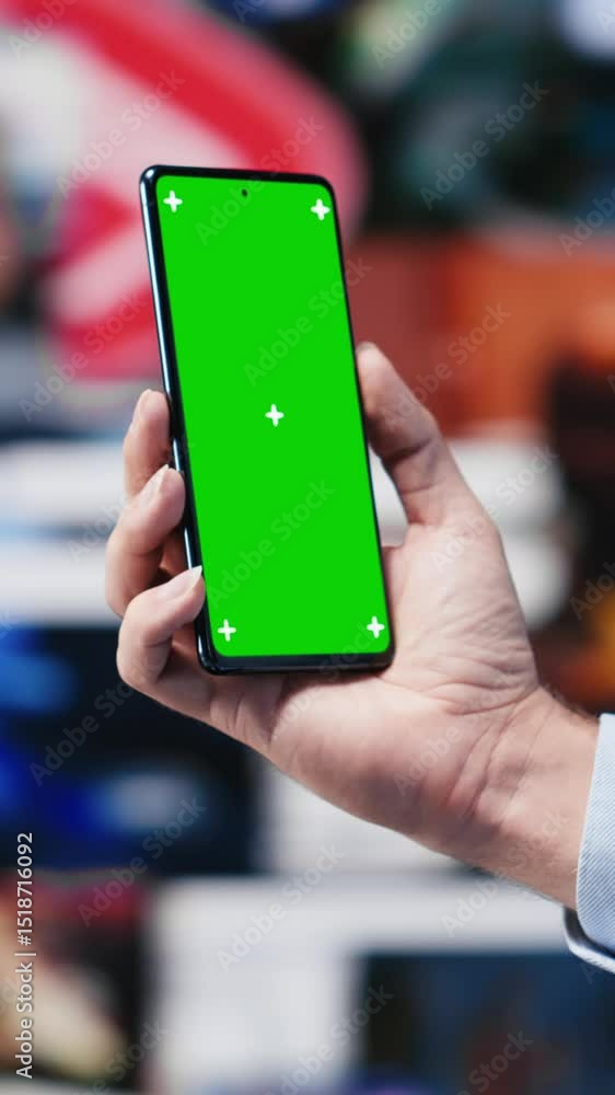 Poster vertical video male web user navigates phone with copy space for social media platforms, showcasing 