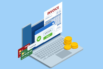 Isometric Mobile invoice payment concept. Isometric vector illustration of electronic bill, smartphone, currency icons, and notification envelope for digital finance and banking.
