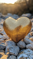 Obraz premium A sleek, reflective golden heart rests in a serene desert oasis, glowing with warmth and elegance. The smooth form contrasts with the blurred natural background, with space for minimal text.