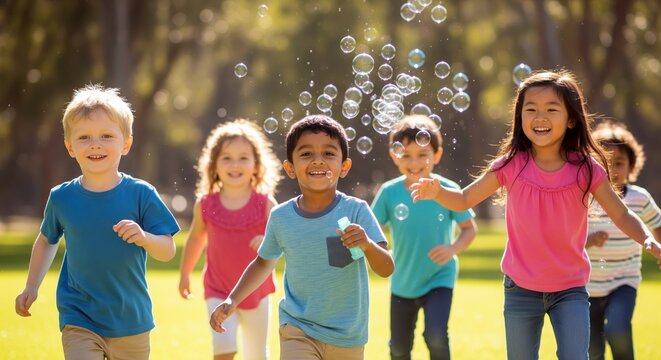 Group of joyful multi ethnic children running through the park, playing with soap bubbles and enjoying carefree moments together