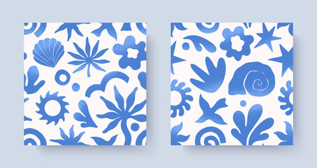 Summer tropical seamless patterns with hand drawn nature organic elements:palm,sun,coral,seashell,bird,wave.Trendy backgrounds for banners,smm,branding,textile,covers,prints.Summer vacation aesthetic