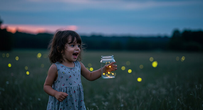 Childhood joy girl catching fireflies in jar summer night magical moment outdoor adventure nature photography dreamy wallpaper