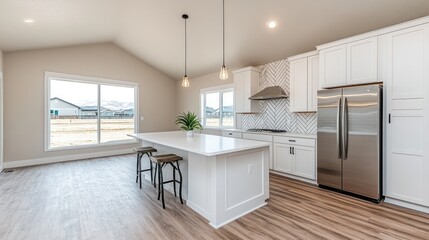 Fototapeta premium A bright, modern kitchen with an open layout.