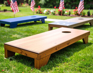 Classic American backyard games like cornhole are set up, suggesting fun and community during the Independence Day festivities.