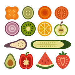 Set of colorful flat sliced fruits and vegetables, including tomato, cucumber, lemon, watermelon, avocado, and others. Healthy and fresh.