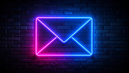 Vibrant Neon Envelope Sign on Brick Wall Communication Concept