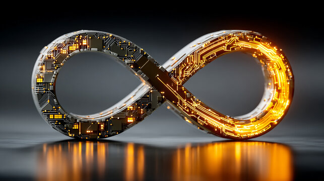 Abstract tech visual with infinite loop and data stream glowing over circuit board&mdash;symbolizing DevOps, AI, automation, continuous integration, and the pulse of modern digital ecosystems.
