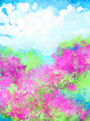 Whimsical cloud over colorful, fun flowers/floral, tree  & leaf illustration vibrant colors of hot pink, pink, green, teal & blue Backdrop, background, border, frame, decoration, wallpaper, invitation
