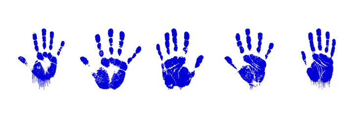 Blue Handprints Set. Creative Expression And Identity Collection. Isolated Vector Illustration