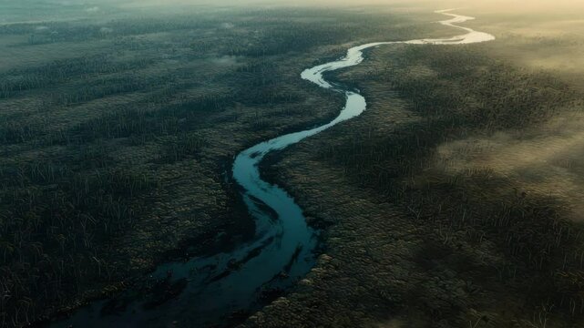 Winding river through a misty, textured landscape at dawn.