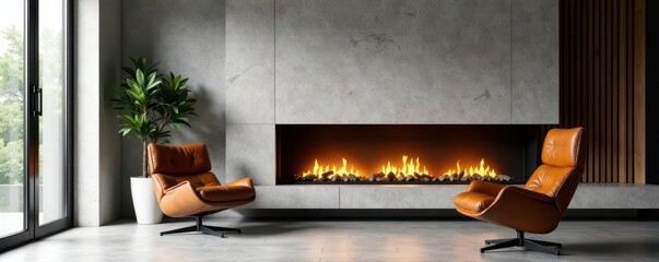 Modern fireplace, leather armchair, minimalist decor, room, minimalist, clean
