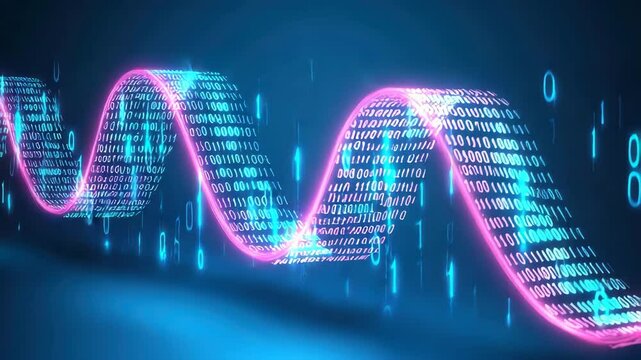 Abstract wave of binary code on a blue background.