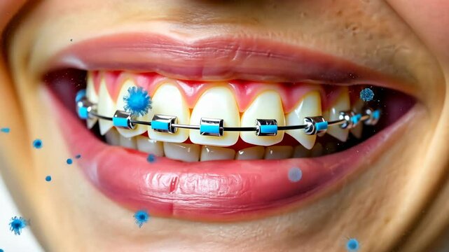 Braces dental, Tooth alignment, Orthodontic treatment. Dental health. Brackets straighten uneven teeth. Orthodontist adjusts ceramic braces. Patient smiles after treatment completed.