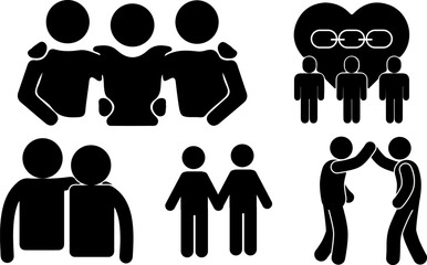 Two Stick Man Friendship Hands icons. 3 friends hugging illustration. Mens friendship sign. Teamwork pictogram. Fellowship and brotherhood concept.Togetherness concept icon.