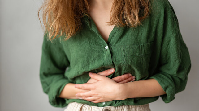 A soft, youthful hand gently clutching the abdomen in visible discomfort, symbolizing stomach pain or cramps. Set against a bright white background with ample space for captions or text.

