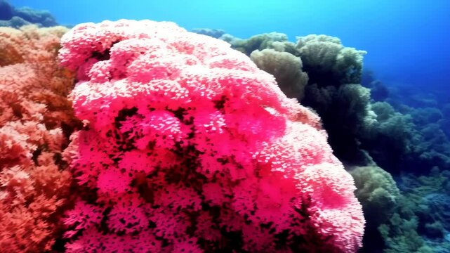 Abstract aerial view of vibrant red algae clusters in natural environment, close-up detail