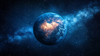 Obraz premium Orbiting space debris encircles Earth against the darkness of space, symbolizing the growing challenge of space sustainability and the environmental impact of human activity in orbit.