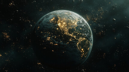 Obraz premium Orbiting space debris encircles Earth against the darkness of space, symbolizing the growing challenge of space sustainability and the environmental impact of human activity in orbit.