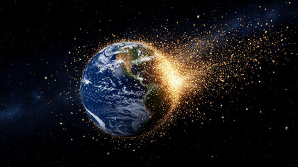 Fototapeta premium Orbiting space debris encircles Earth against the darkness of space, symbolizing the growing challenge of space sustainability and the environmental impact of human activity in orbit.
