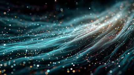 Obraz premium Blue light streaks and fiber optic lines on a dark background—symbolizing high-speed wireless data, 5G/6G networks, and futuristic internet transmission in an abstract digital vector design. 