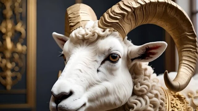 Close-up of a white ram head with decorative golden horns and embellishments, indoors against a dark background