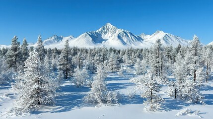 Snowy winter landscape with frosted trees and mountains.