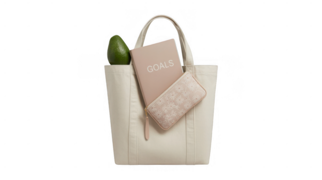 White tote bag containing a pink goals notebook, a green avocado, and a small floral wallet, isolated on a transparent background, perfect for healthy lifestyle or goal oriented projects